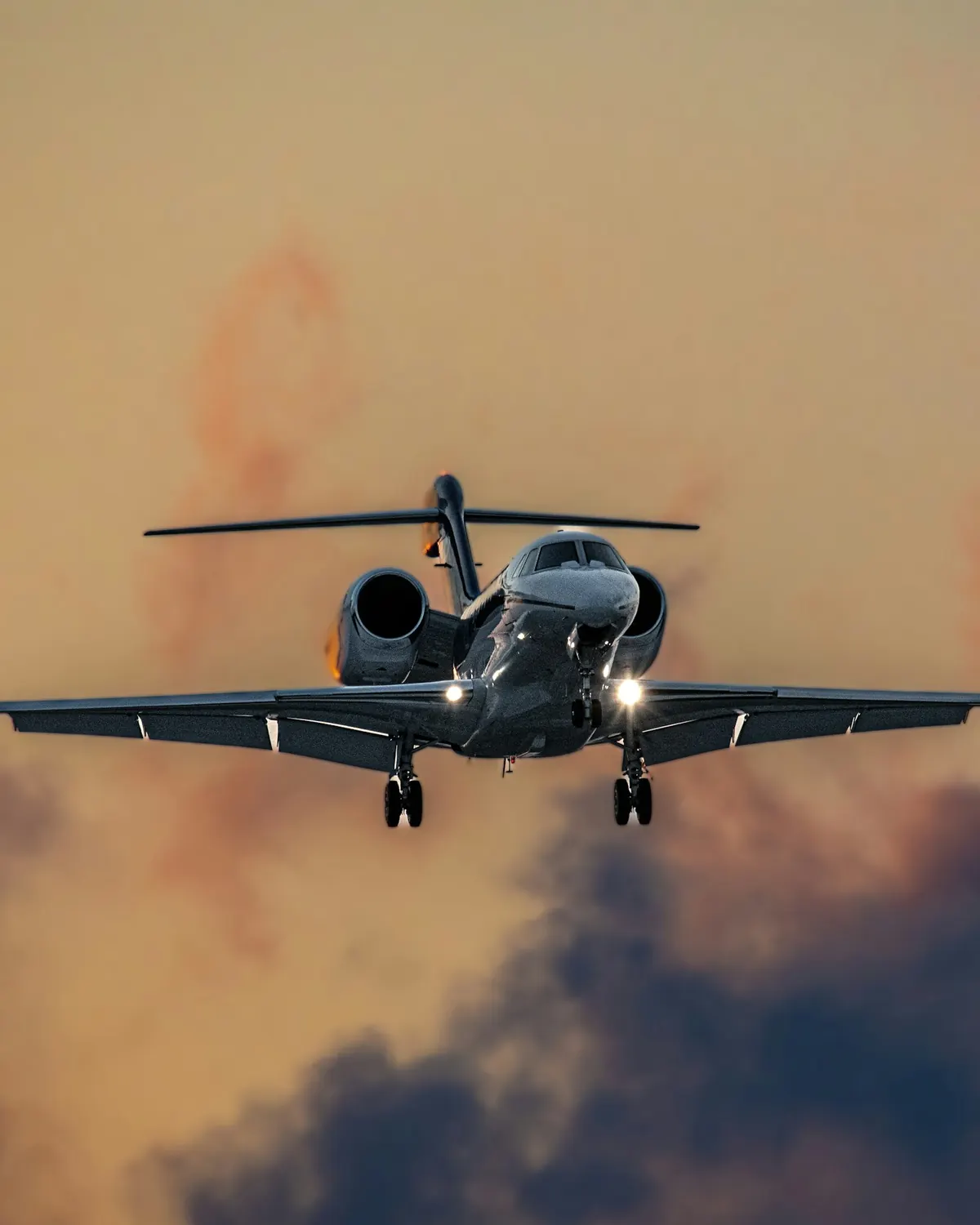 Small business jet on approach with its landing lights on against a pink evening sky